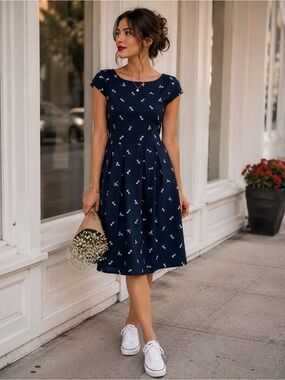 Fit-and-Flare Navy Midi Dress with Cap Sleeves